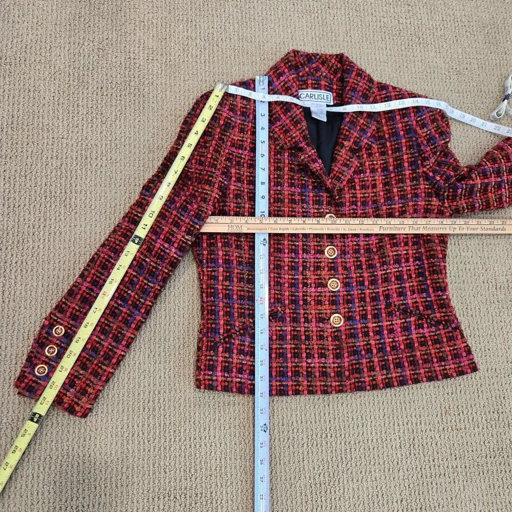 VTG Carlisle Womens Blazer Jacket Size 6 Red Purple Tweed Wool Blend Boucle Lady